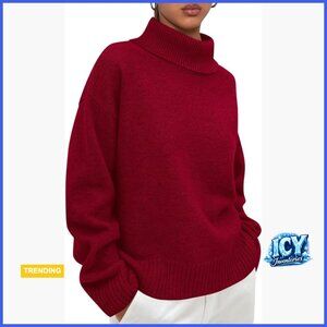 Chunky Knit Pullover Sweater with Mock Turtleneck Long Sleeve Loose Fit